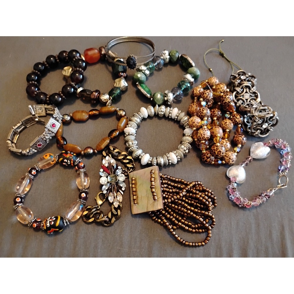 12pc Vintage Boho Costume Bracelet Lot Chunky Beaded Statement Cuff Jewelry